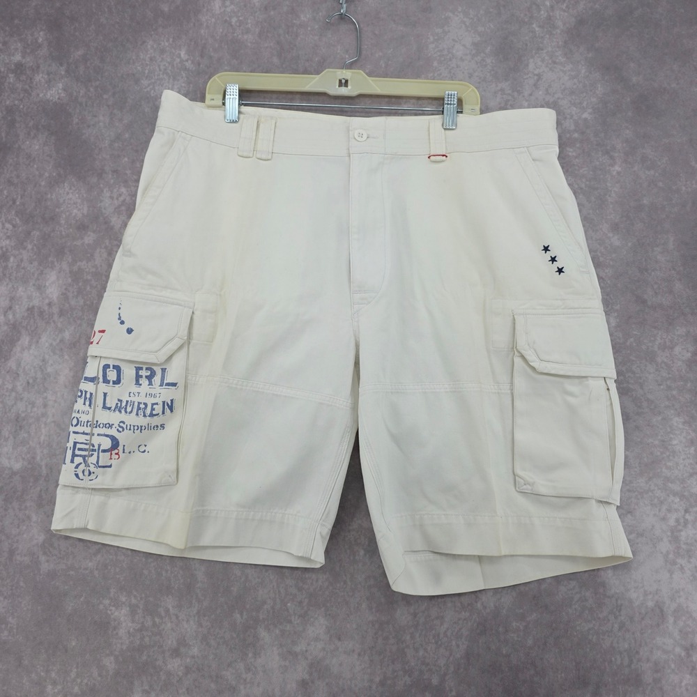 Polo Ralph Lauren Mens Size 40W Cargo Shorts Off White Graphic Print Fits 42W